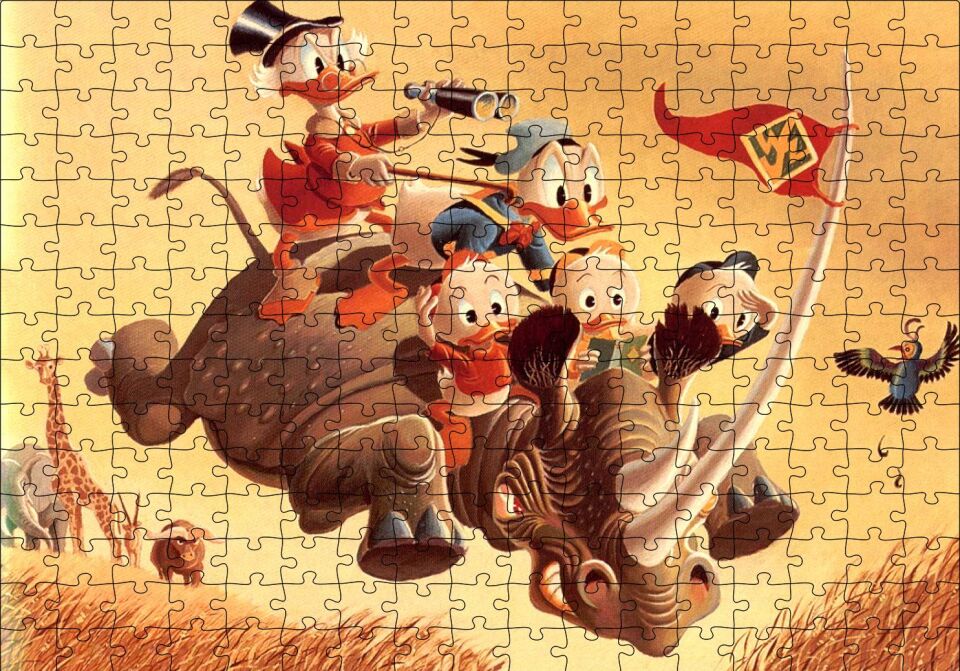 Donald Duck ve Torunları Gergedan Üzerinde Puzzle Yapboz MDF Ahşap 255 Parça 34 cm X 49 cm