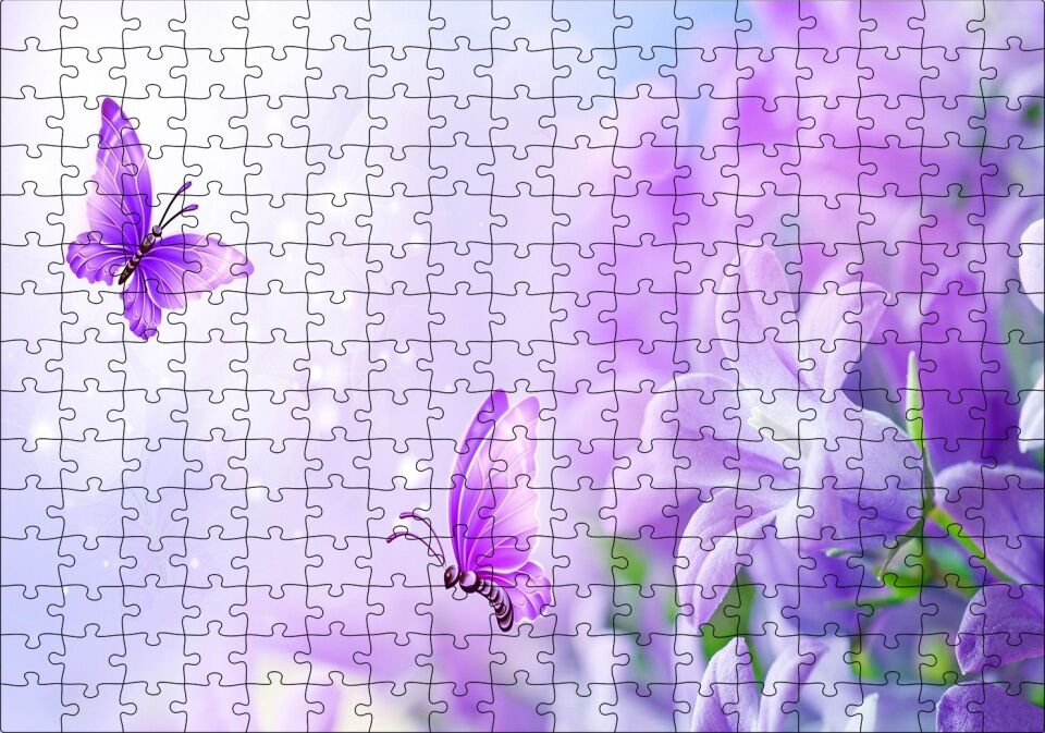Lavantalar ve Mor Kelebekler Puzzle Yapboz MDF Ahşap 255 Parça 34 cm X 49 cm
