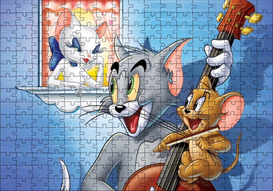 Tom A Jerry Zamilovana Srdce Görseli Puzzle Yapboz MDF Ahşap 255 Parça 34 cm X 49 cm