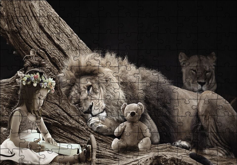 Fantazi Küçük Kız Aslan Aile Puzzle Yapboz MDF Ahşap