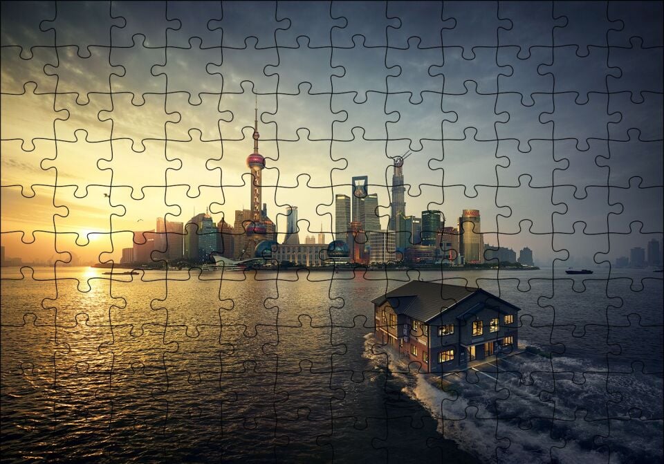 Günbatımı Yüzen Ev ve Gökdelenler Puzzle Yapboz MDF Ahşap