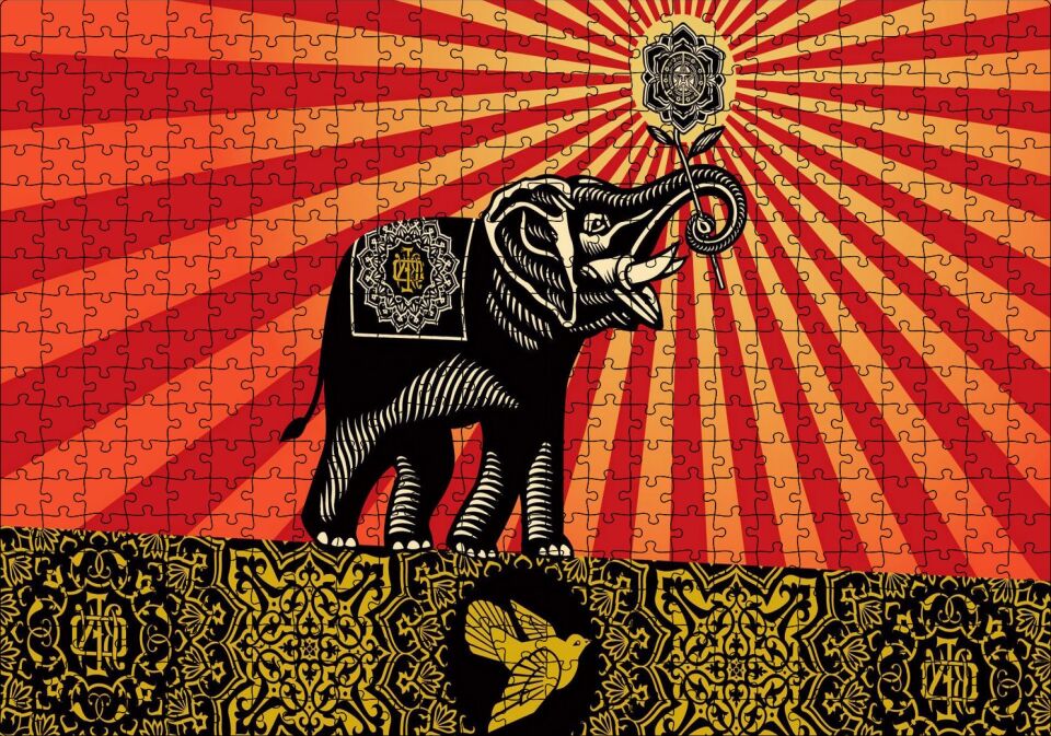 Fil, Kuş ve Tribal Desenler Puzzle Yapboz MDF Ahşap 500 Parça 49 cm X 68 cm