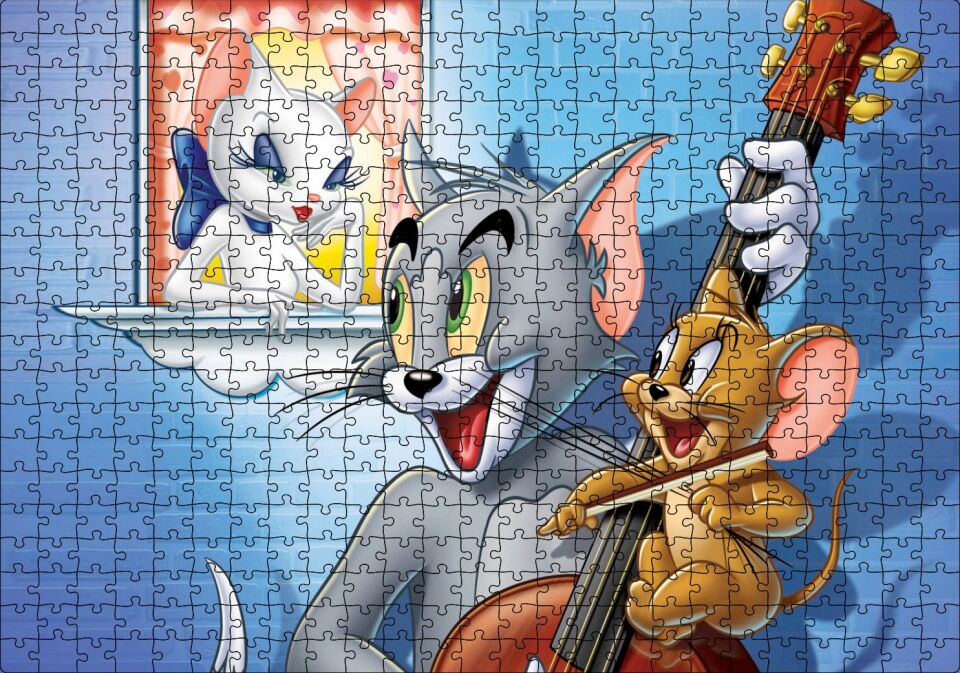 Tom A Jerry Zamilovana Srdce Görseli Puzzle Yapboz MDF Ahşap 500 Parça 49 cm X 68 cm