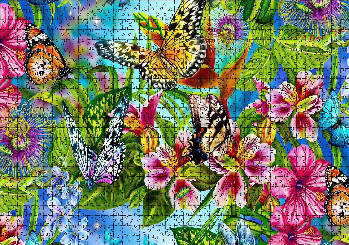 Rengarenk Çiçekler Üzerinde Rengarenk Kelebekler Puzzle Yapboz MDF Ahşap 1000 Parça 49 cm X 68 cm