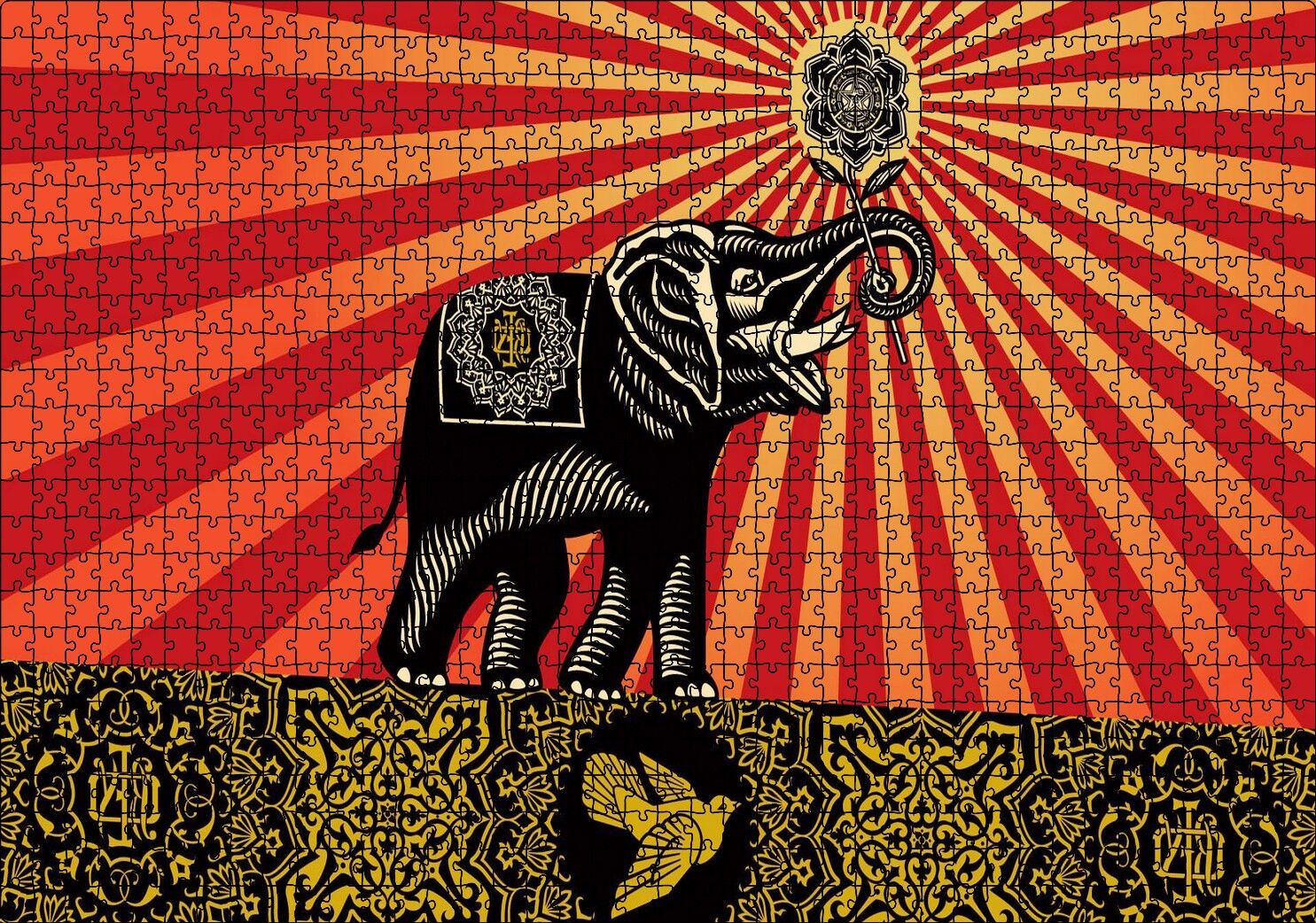 Fil, Kuş ve Tribal Desenler Puzzle Yapboz MDF Ahşap 1000 Parça 49 cm X 68 cm