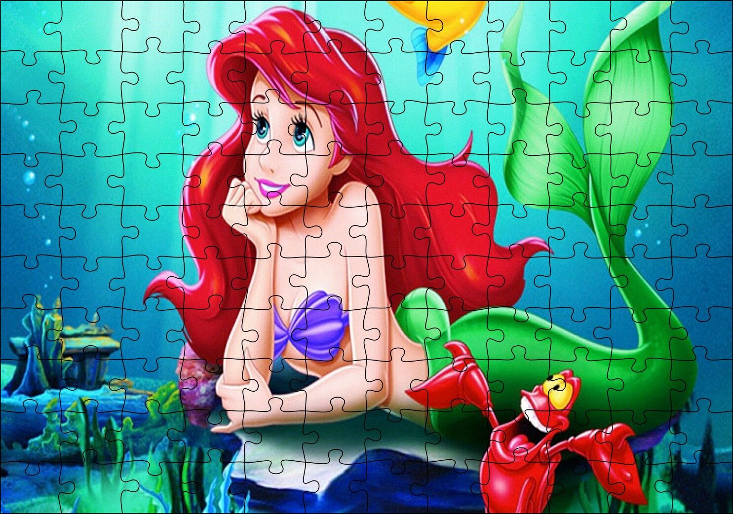 Disney Karakteri Deniz Kızı ve Yengeç Puzzle Yapboz MDF Ahşap