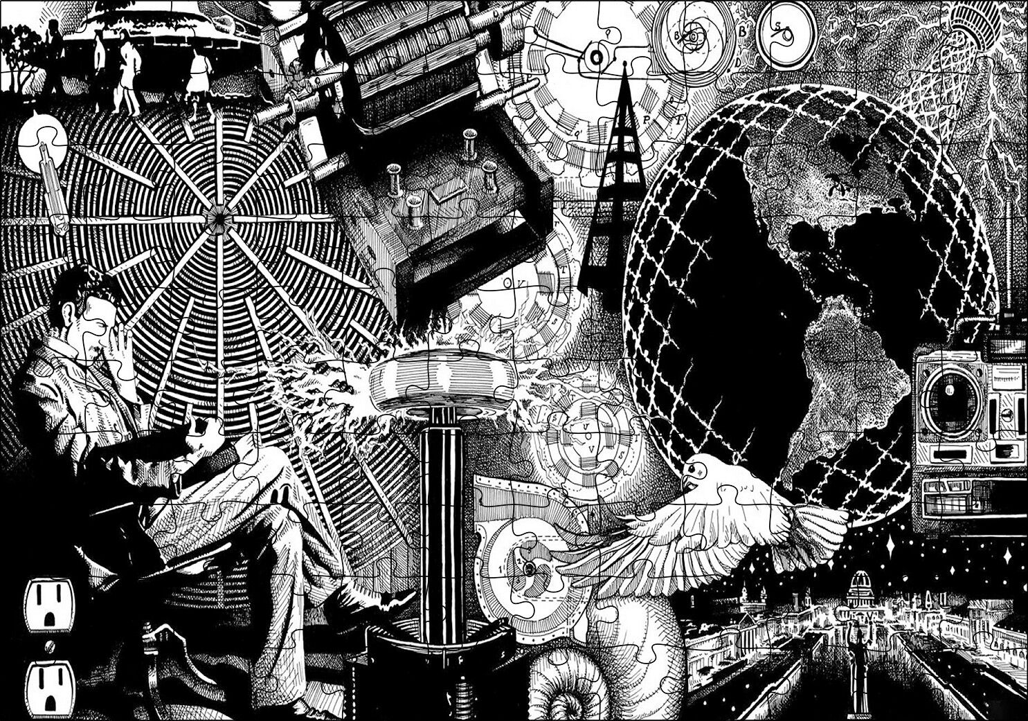 Nikola Tesla Ve Bilim Ürünü Görseller Puzzle Yapboz MDF Ahşap 120 Parça 24 cm X 34 cm