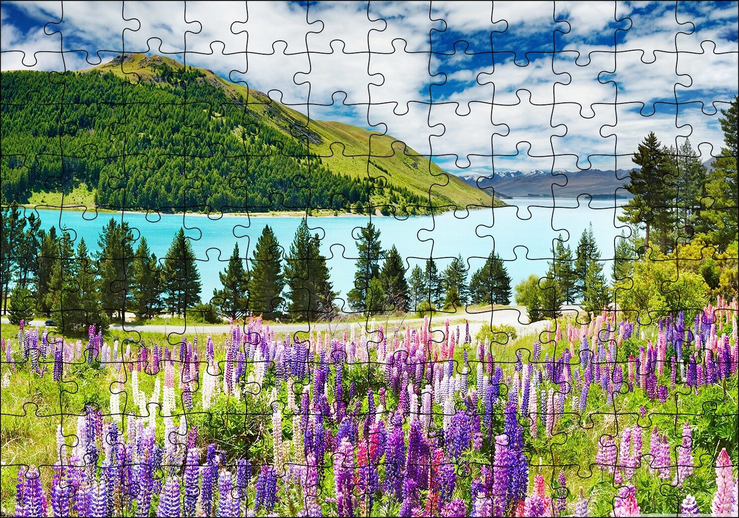 Dağ Gölü Bulutlar Ağaçlar Lavantalar Puzzle Yapboz MDF Ahşap