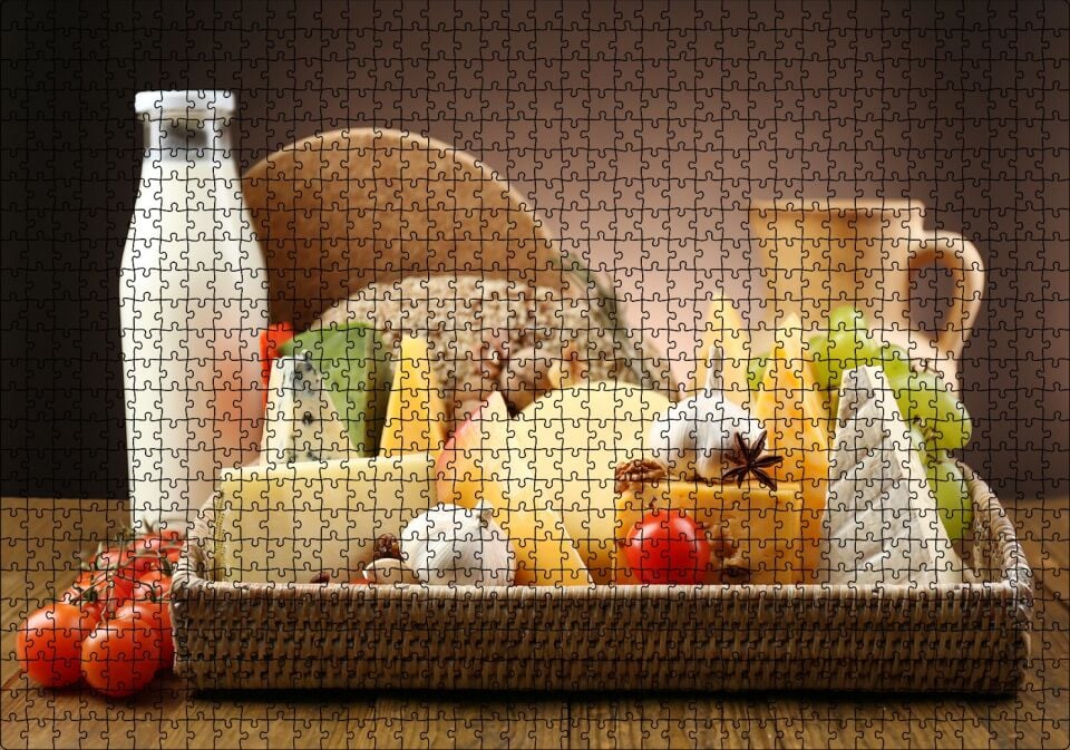 Peynir Çeşitleri Süt Sebze Mayva Görseli Puzzle Yapboz MDF Ahşap 1000 Parça 49 cm X 68 cm