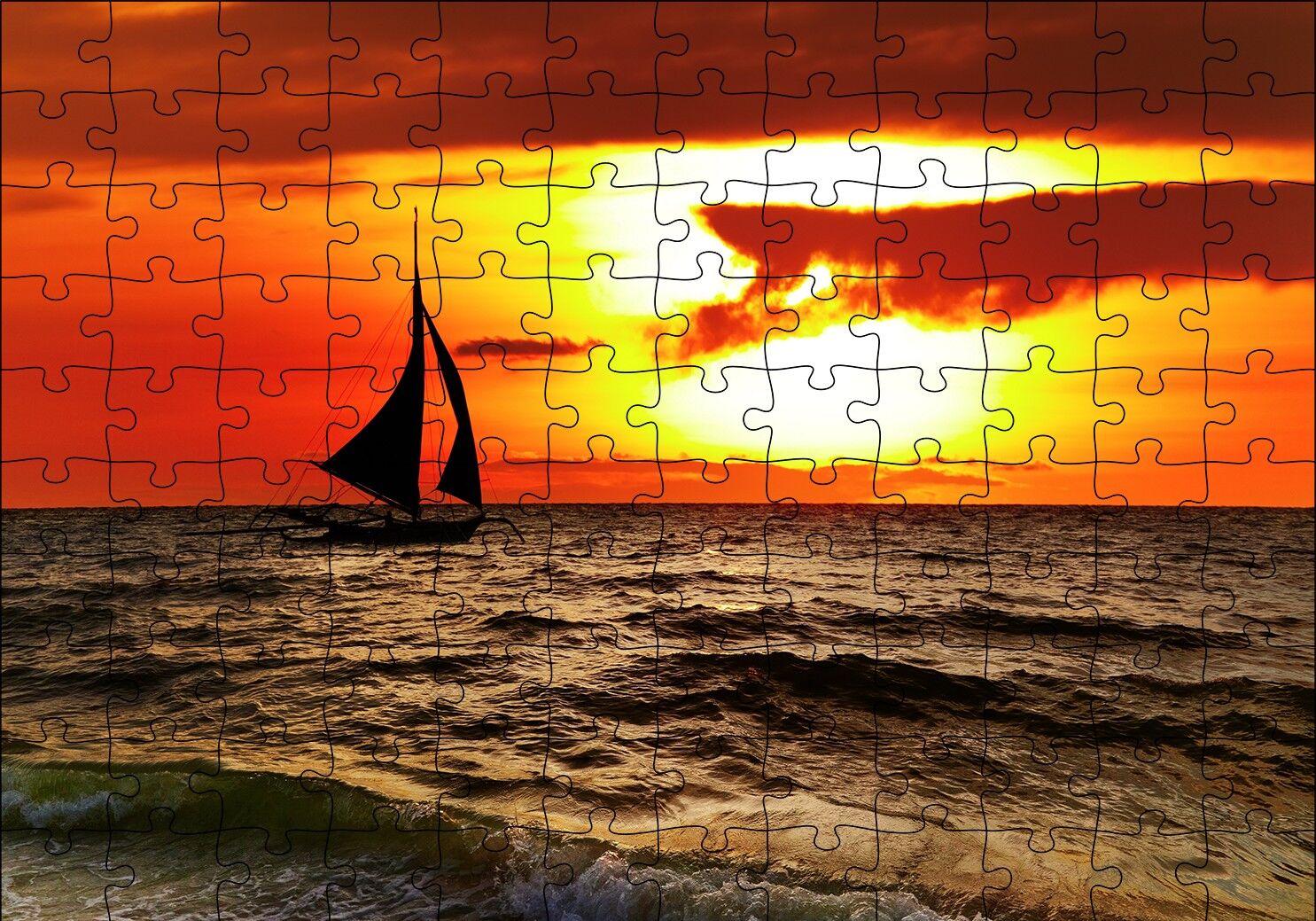 Günbatımında Yelkenli Silüeti Puzzle Yapboz MDF Ahşap