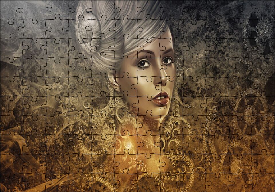 Gotik Karanlık Steampunk Portre Kadın Genç Puzzle Yapboz MDF Ahşap 120 Parça 24 cm X 34 cm