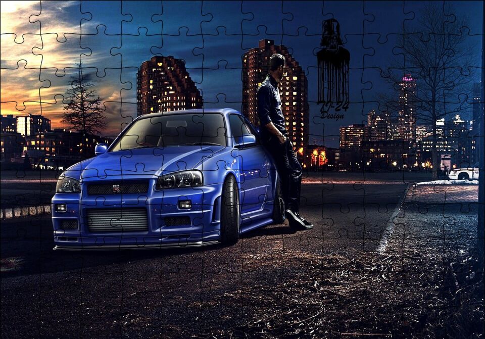 Hızlı ve Öfkeli Paul Walker Mavi Nissan Puzzle Yapboz MDF Ahşap 120 Parça 24 cm X 34 cm