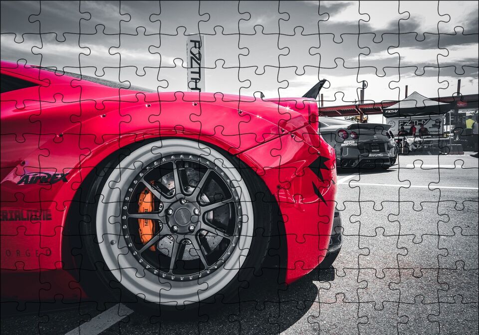 Kırmızı Spor Araba Çelik Jant Detayı Puzzle Yapboz MDF Ahşap