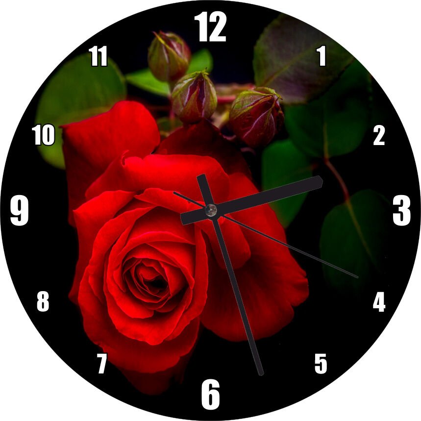 Kırmızı Gül Karanlık Arkaplan  Mdf Ahşap Duvar Saati