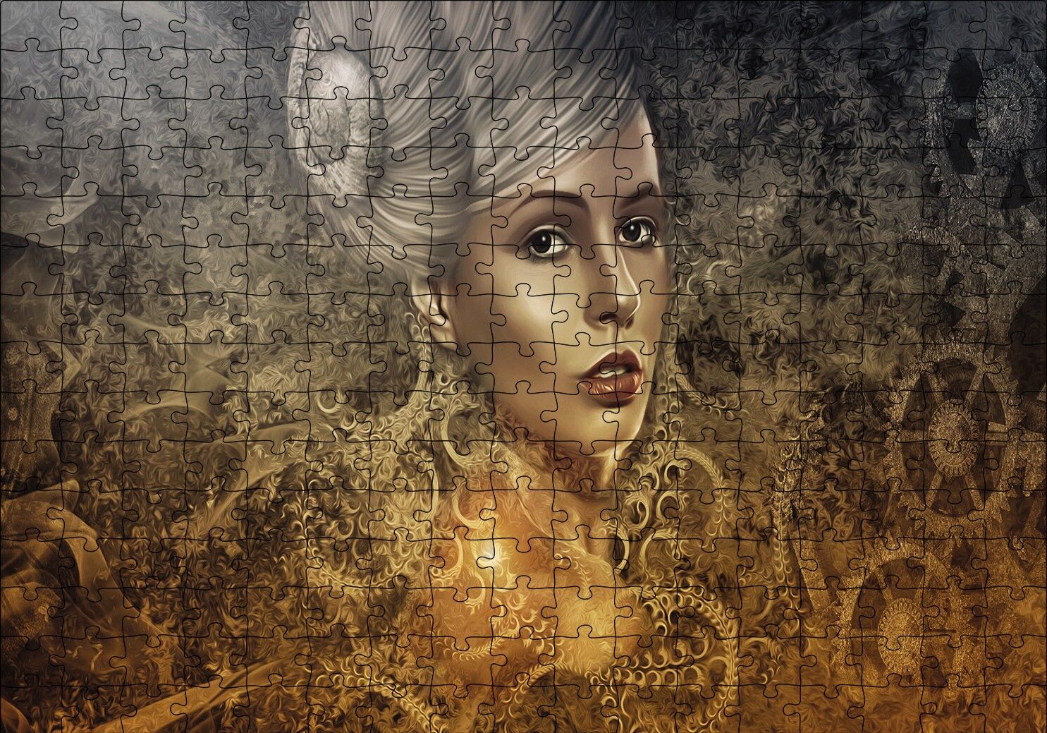 Gotik Karanlık Steampunk Portre Kadın Genç Puzzle Yapboz MDF Ahşap 255 Parça 34 cm X 49 cm