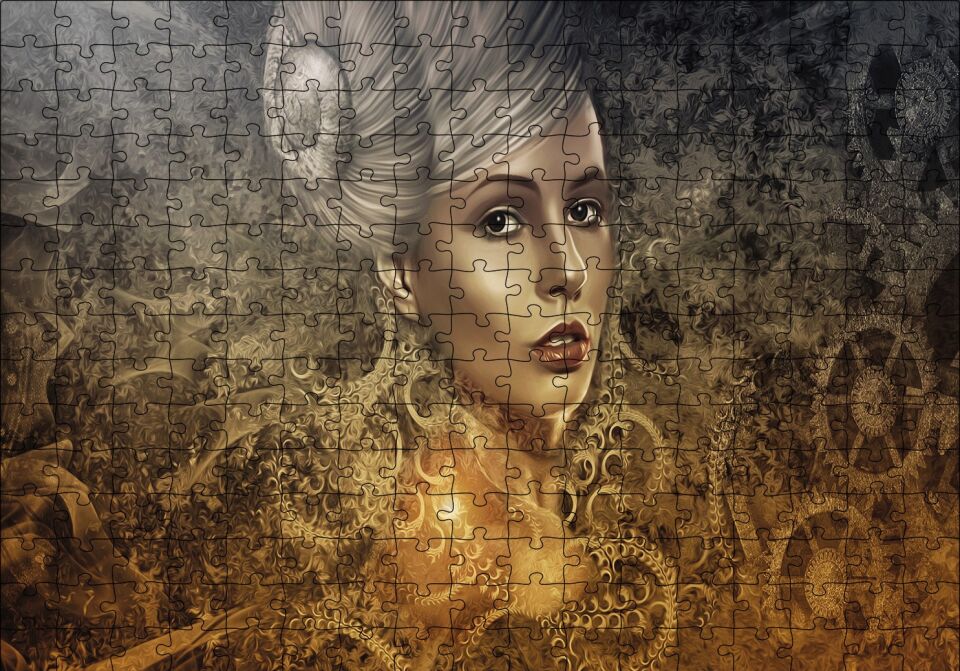 Gotik Karanlık Steampunk Portre Kadın Genç Puzzle Yapboz MDF Ahşap 255 Parça 34 cm X 49 cm