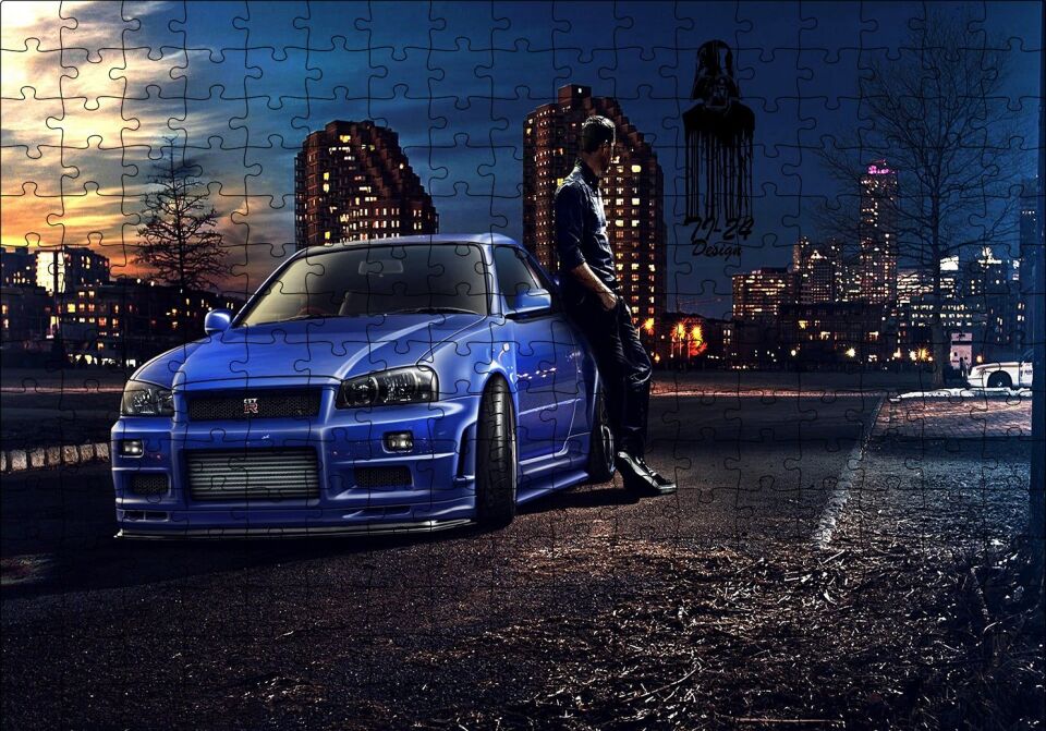 Hızlı ve Öfkeli Paul Walker Mavi Nissan Puzzle Yapboz MDF Ahşap 255 Parça 34 cm X 49 cm