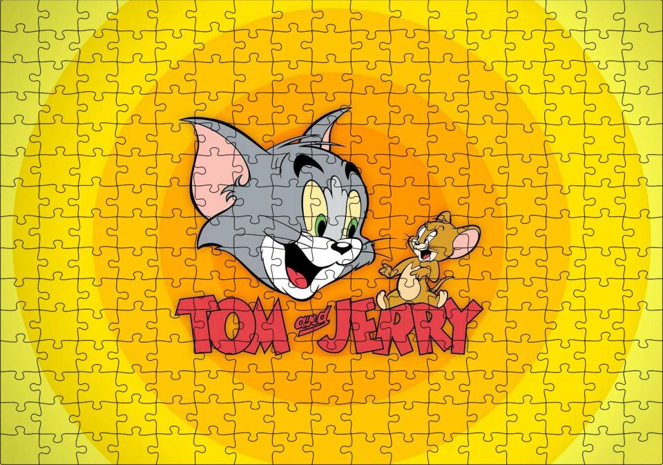 Tom ve Jerr Logo Sarı Zeminde, Puzzle Yapboz MDF Ahşap 255 Parça 34 cm X 49 cm