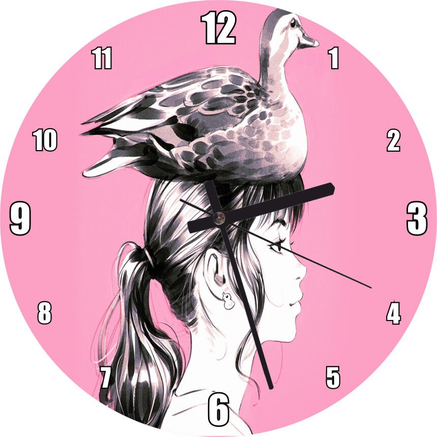 Kız ve Başındaki Ördek Pembe Arkaplan  Mdf Ahşap Duvar Saati