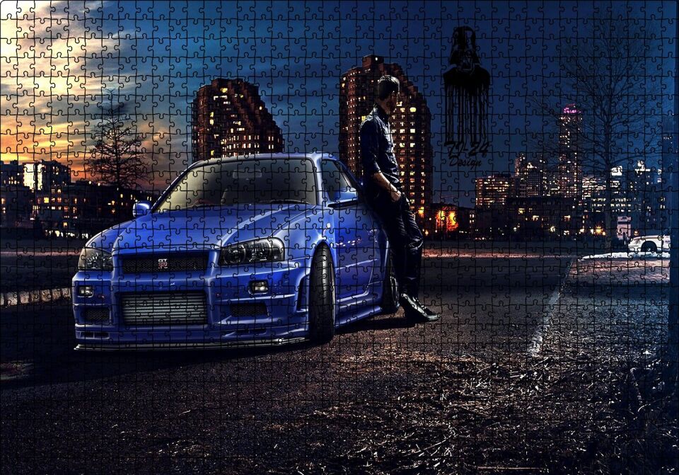 Hızlı ve Öfkeli Paul Walker Mavi Nissan Puzzle Yapboz MDF Ahşap 1000 Parça 49 cm X 68 cm