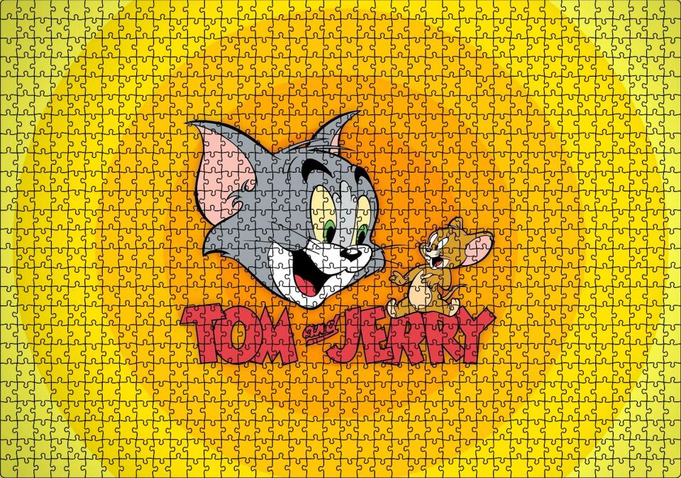 Tom ve Jerr Logo Sarı Zeminde, Puzzle Yapboz MDF Ahşap 1000 Parça 49 cm X 68 cm