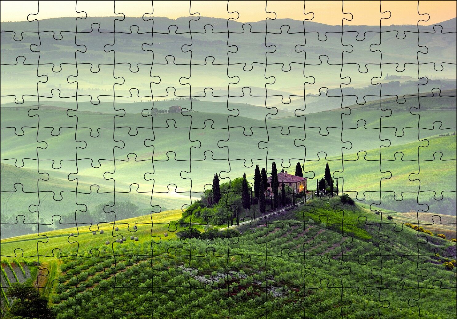 İtalya Toscano Tepedeki Ev ve Dağlar Puzzle Yapboz MDF Ahşap