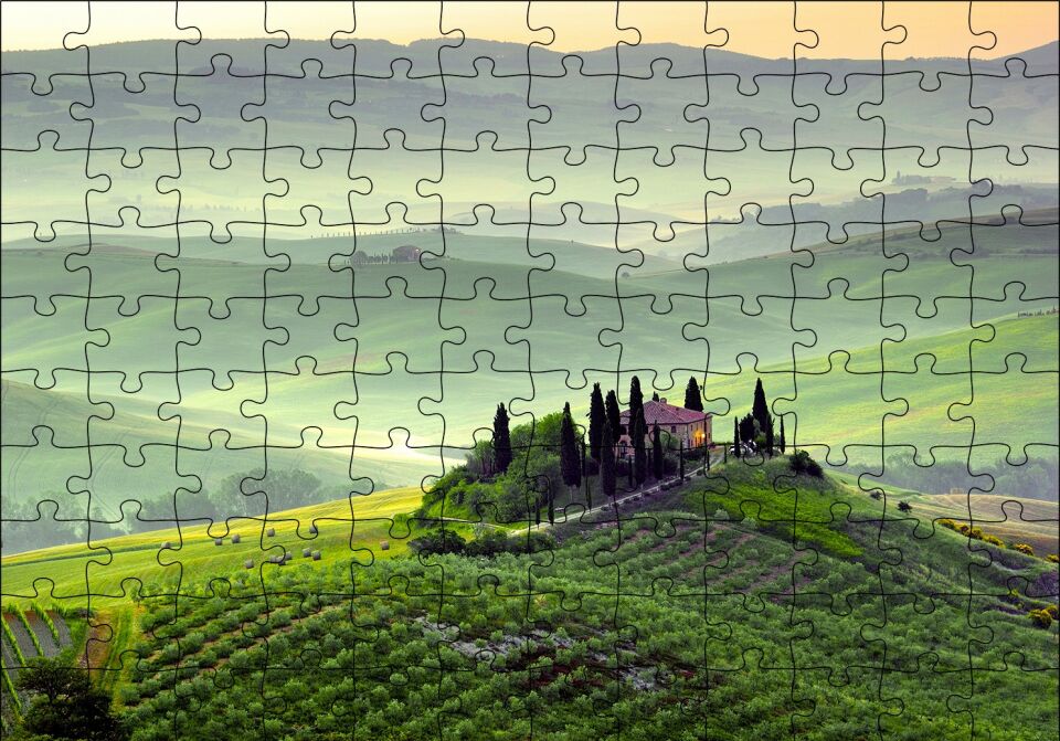 İtalya Toscano Tepedeki Ev ve Dağlar Puzzle Yapboz MDF Ahşap