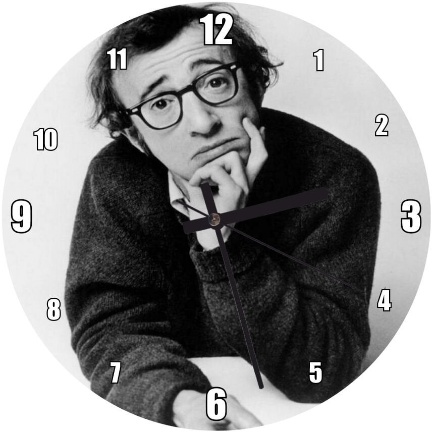 Woody Allen Eli Çenesinde Beyaz Fon Mdf Ahşap Duvar Saati 50 cm Çap