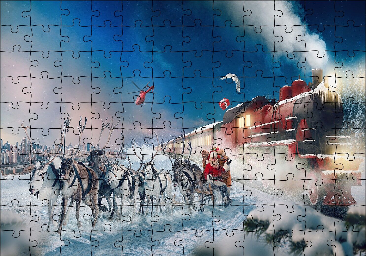 Kutup Ekspresi Geyikler ve Noel Baba Puzzle Yapboz MDF Ahşap 120 Parça 24 cm X 34 cm