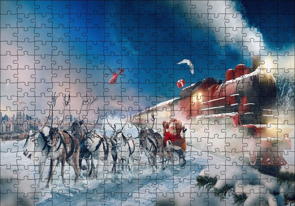 Kutup Ekspresi Geyikler ve Noel Baba Puzzle Yapboz MDF Ahşap 255 Parça 34 cm X 49 cm