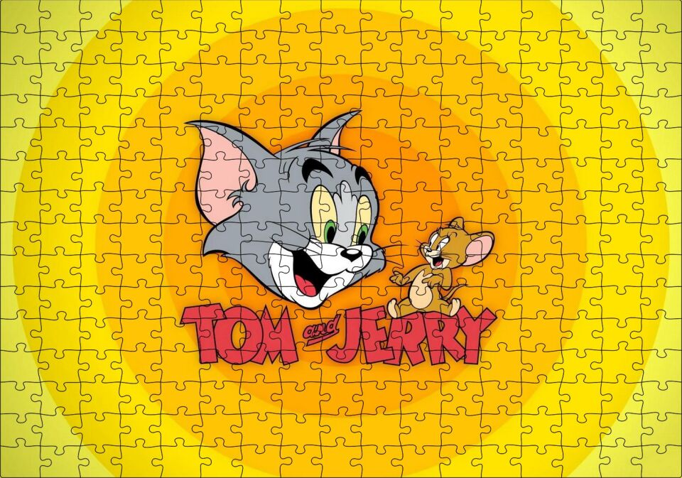 Tom ve Jerr Logo Sarı Zeminde, Puzzle Yapboz MDF Ahşap 255 Parça 34 cm X 49 cm