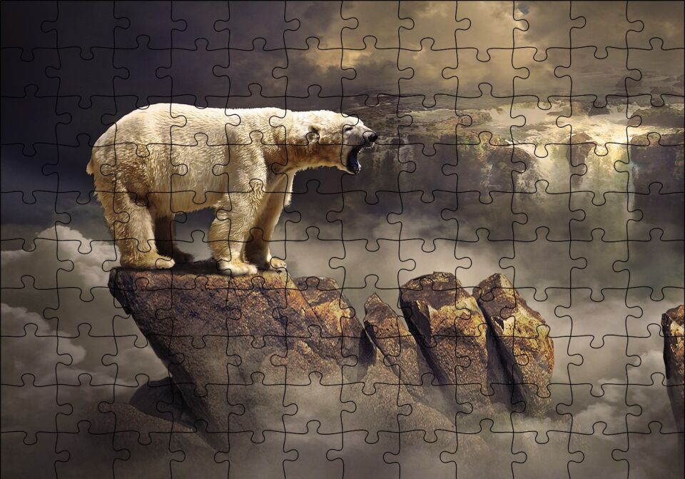 Fantastik Bulutların Üstündeki Beyaz Ayı Puzzle Yapboz MDF Ahşap