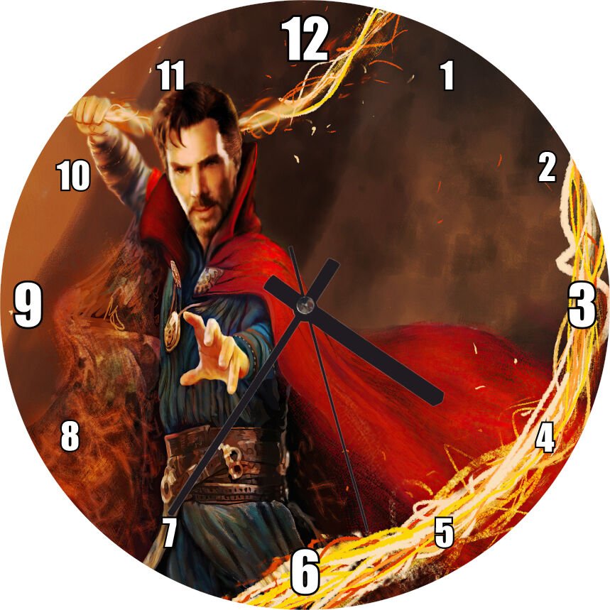 Doktor Strange ve Alev Kırbacı Mdf Ahşap Duvar Saati 30 cm Çap
