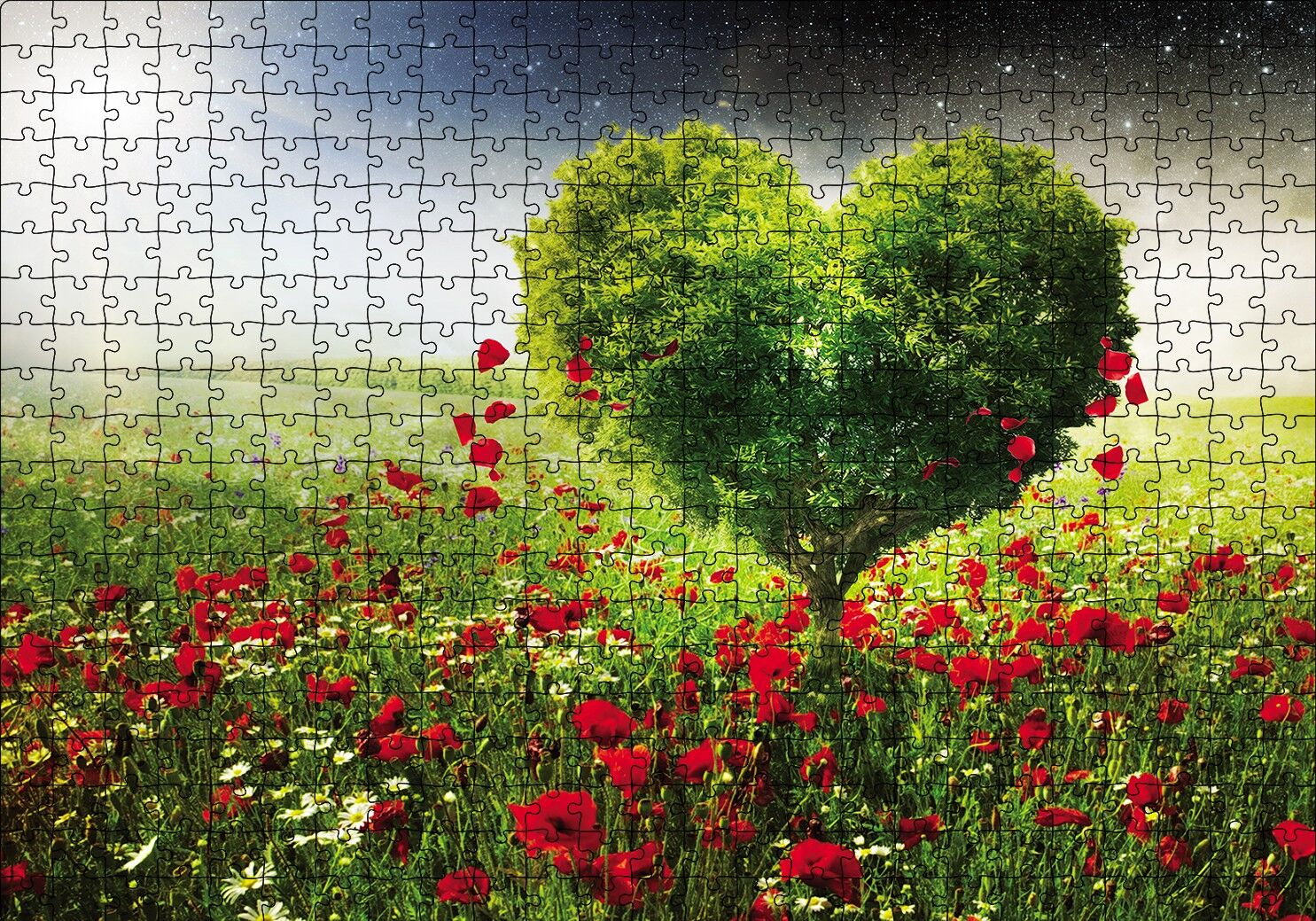 Gelincik Tarlası Kalp Şeklinde Ağaç Puzzle Yapboz MDF Ahşap 500 Parça 49 cm X 68 cm