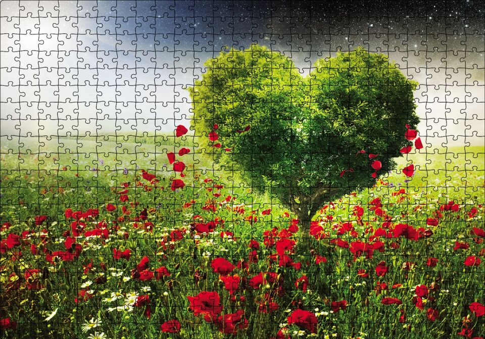 Gelincik Tarlası Kalp Şeklinde Ağaç Puzzle Yapboz MDF Ahşap 500 Parça 49 cm X 68 cm