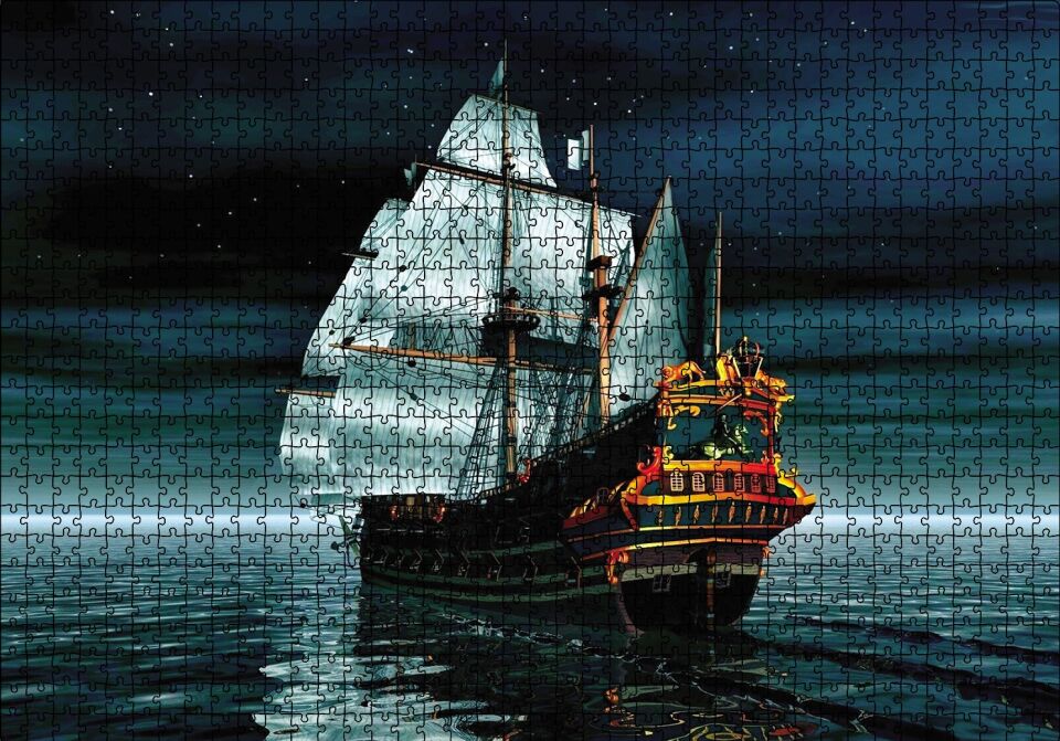 Yelkenli Fantastik Gemi Puzzle Yapboz MDF Ahşap 1000 Parça 49 cm X 68 cm