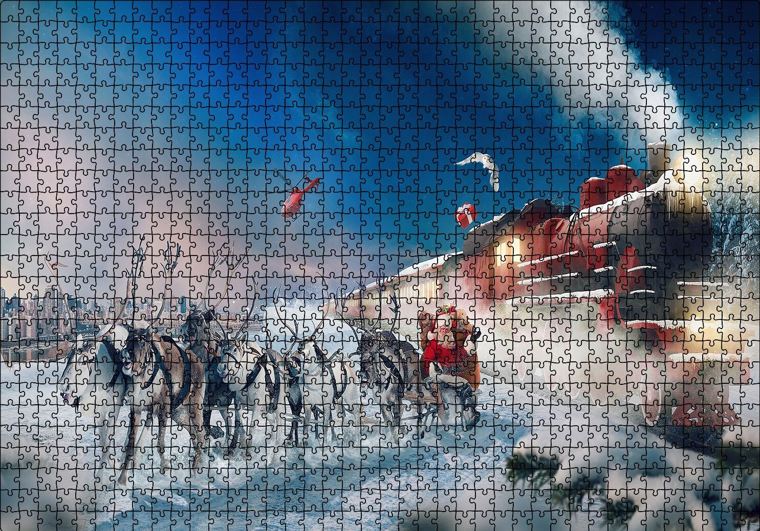 Kutup Ekspresi Geyikler ve Noel Baba Puzzle Yapboz MDF Ahşap 1000 Parça 49 cm X 68 cm