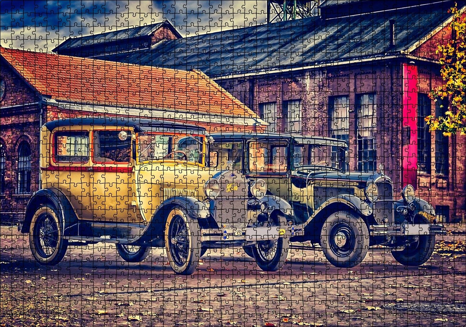 Sarı ve Siyah Antika Otomobiller Puzzle Yapboz MDF Ahşap 1000 Parça 49 cm X 68 cm