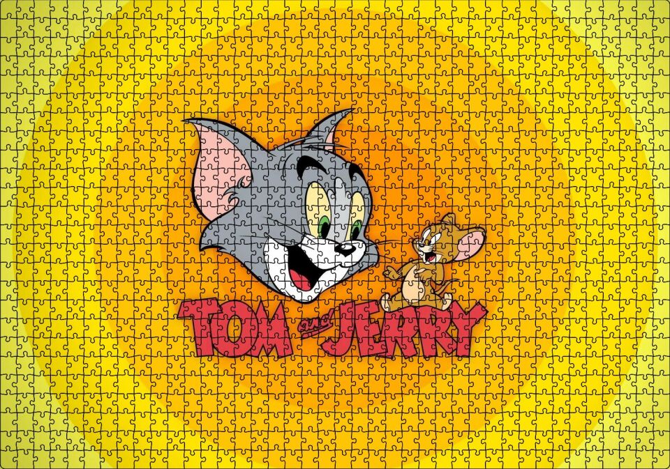 Tom ve Jerr Logo Sarı Zeminde, Puzzle Yapboz MDF Ahşap 1000 Parça 49 cm X 68 cm