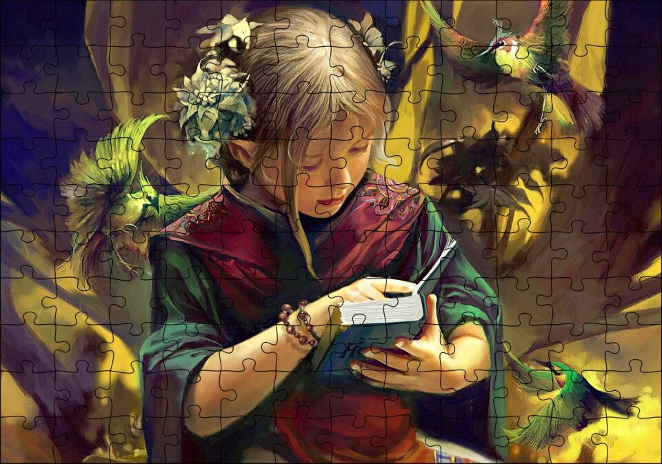 İncil Okuyan Kız ve Egzotik Kuşlar Puzzle Yapboz MDF Ahşap 120 Parça 24 cm X 34 cm