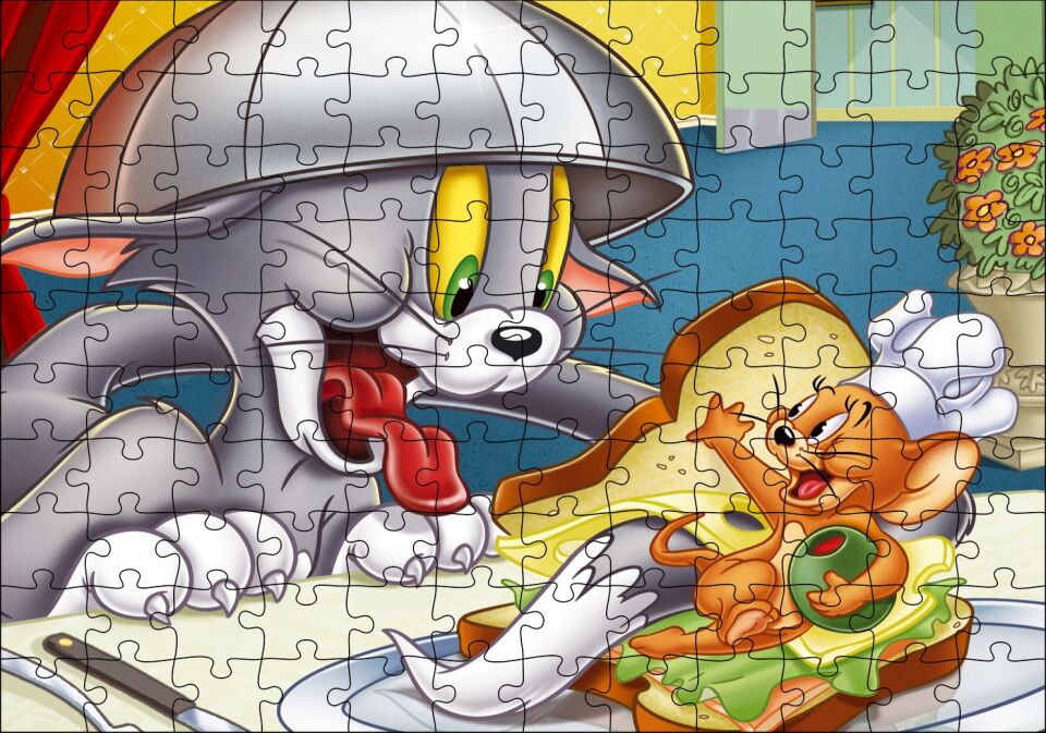 Tom ve Jerry Kovalayan Oyunlar Ev Puzzle Yapboz MDF Ahşap 120 Parça 24 cm X 34 cm
