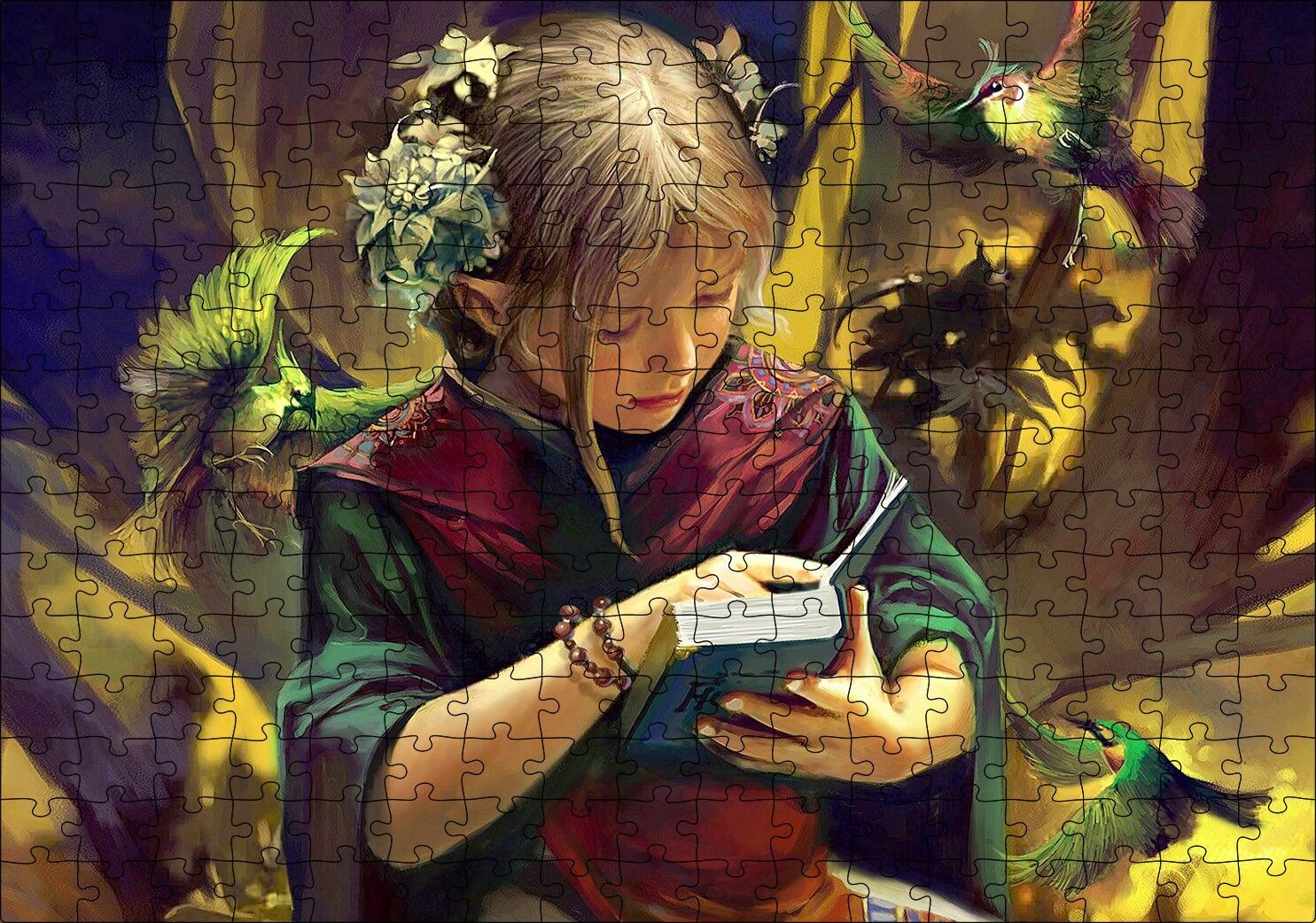 İncil Okuyan Kız ve Egzotik Kuşlar Puzzle Yapboz MDF Ahşap 255 Parça 34 cm X 49 cm