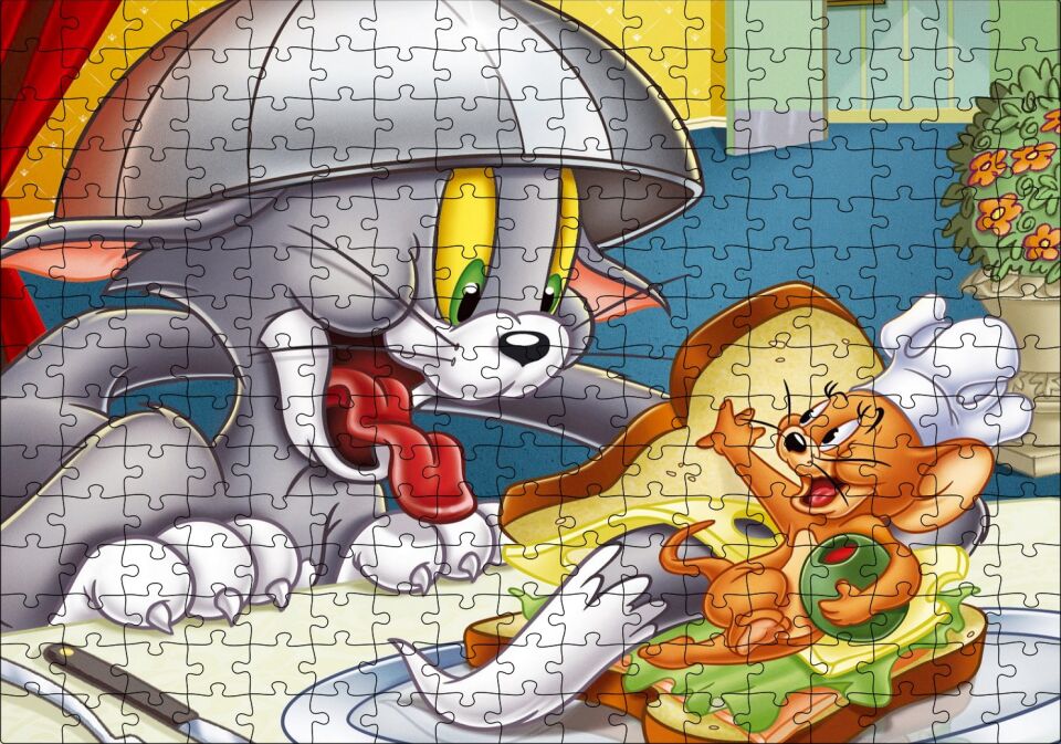 Tom ve Jerry Kovalayan Oyunlar Ev Puzzle Yapboz MDF Ahşap 255 Parça 34 cm X 49 cm