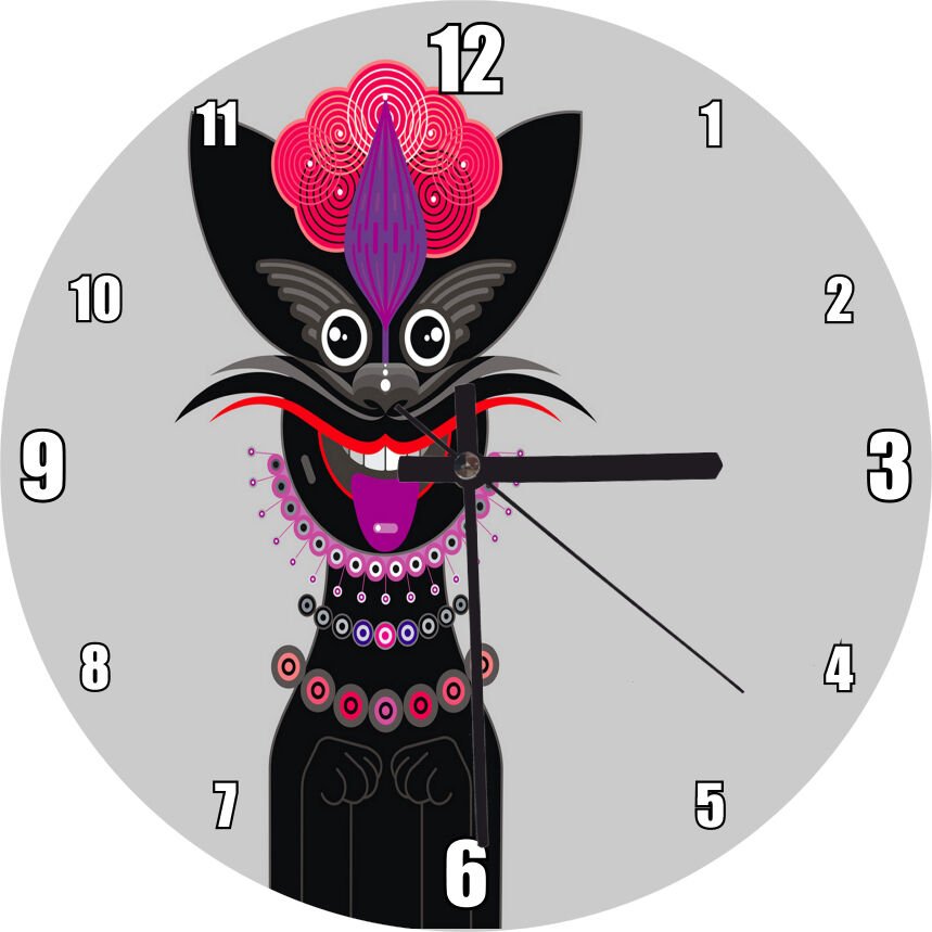 Siyah Kedi ve Absürd Desenler Gri Zemin  Mdf Ahşap Duvar Saati