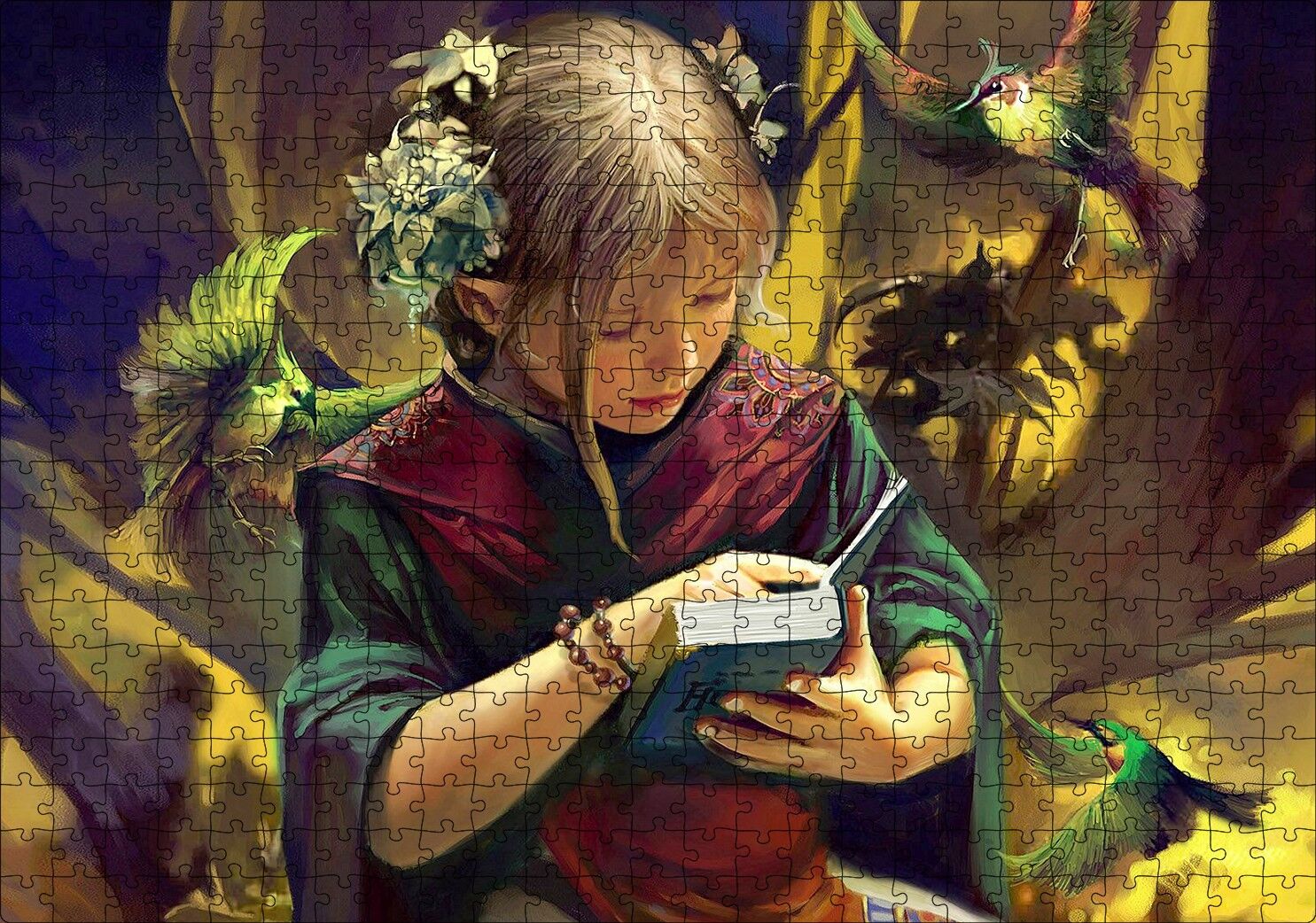 İncil Okuyan Kız ve Egzotik Kuşlar Puzzle Yapboz MDF Ahşap 500 Parça 49 cm X 68 cm