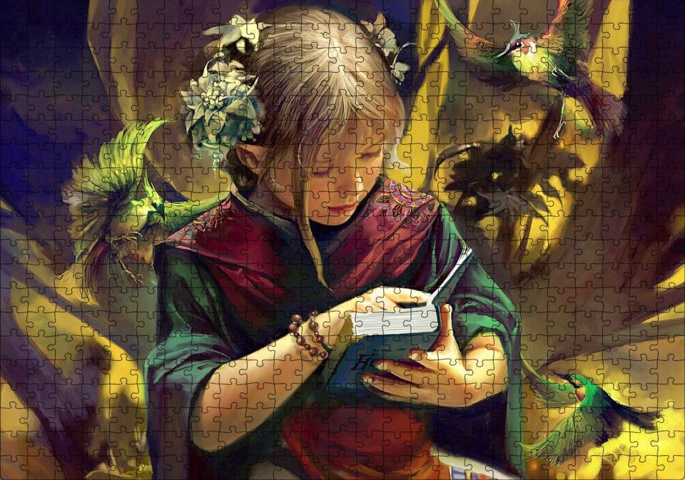 İncil Okuyan Kız ve Egzotik Kuşlar Puzzle Yapboz MDF Ahşap 500 Parça 49 cm X 68 cm