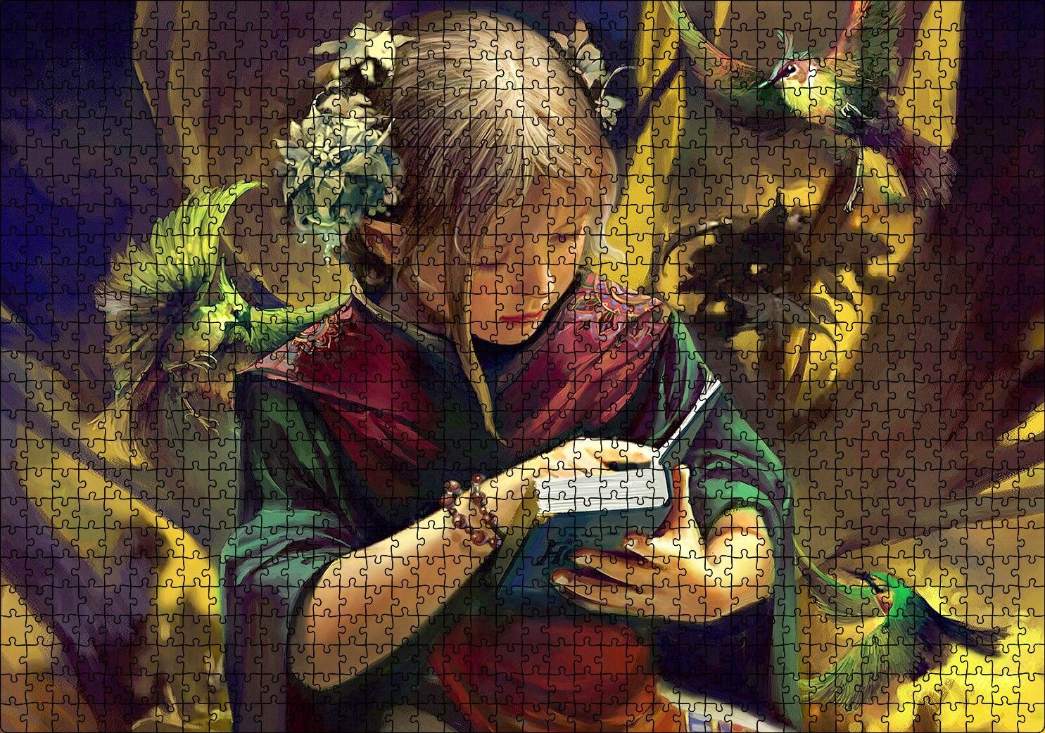 İncil Okuyan Kız ve Egzotik Kuşlar Puzzle Yapboz MDF Ahşap 1000 Parça 49 cm X 68 cm