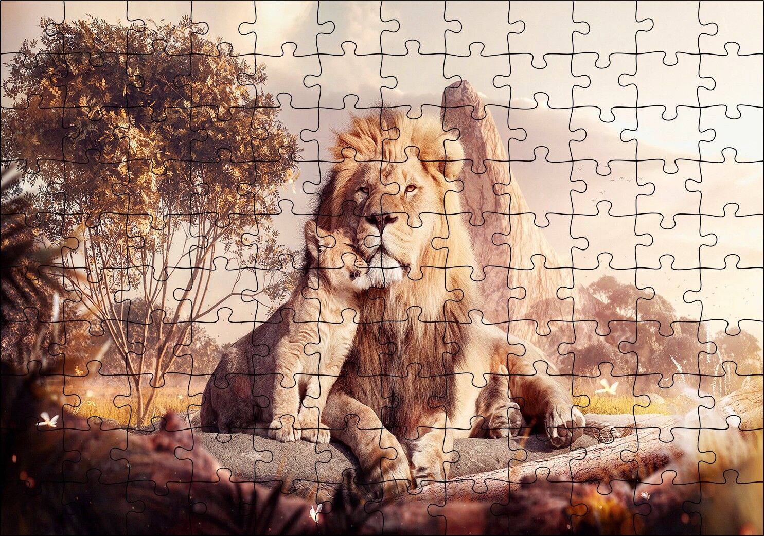 Doğada Aslan Ve Yavrusu Görseli Puzzle Yapboz MDF Ahşap