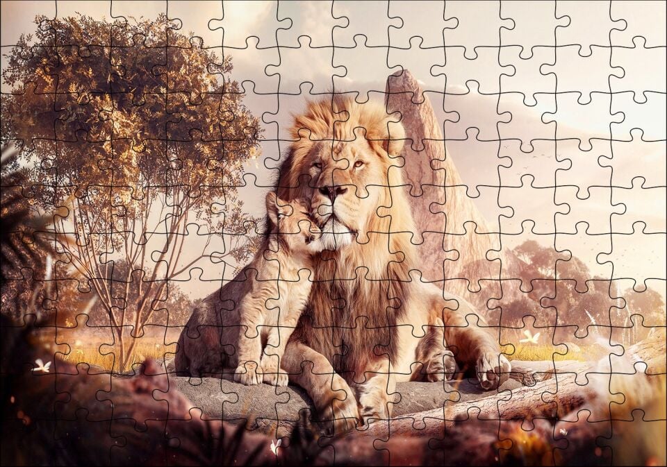 Doğada Aslan Ve Yavrusu Görseli Puzzle Yapboz MDF Ahşap