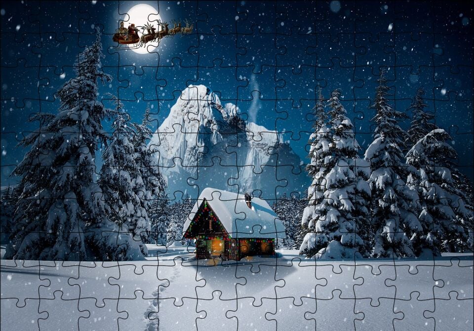 Kulübe Karlı Dağ Geyikler ve Noel Baba Puzzle Yapboz MDF Ahşap